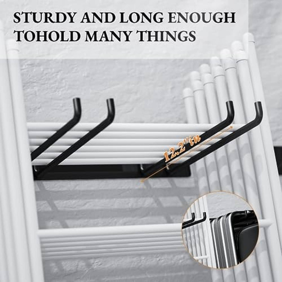 Wall-mounted folding chair storage rack with curved black hooks and vertical bars