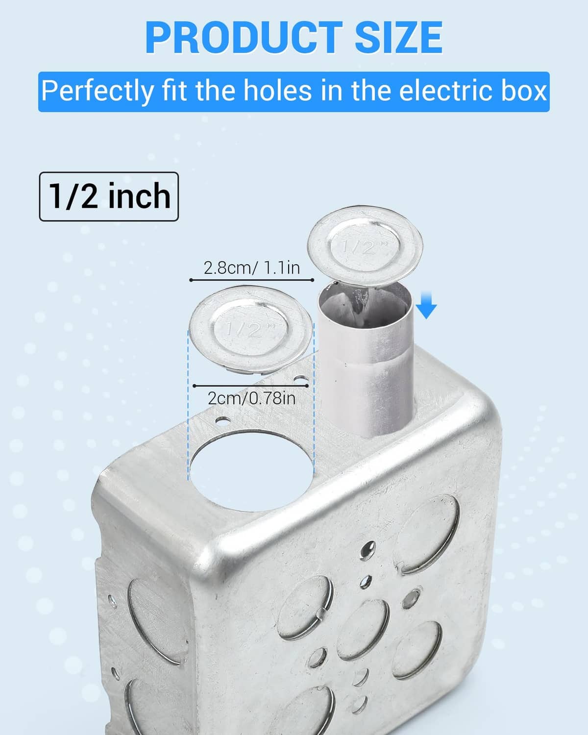 Silver 1/2-inch electrical box knockout seal plug fitting into metal knockout opening