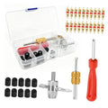 Tire valve stem removal tool set in clear storage box with red handle and brass tool