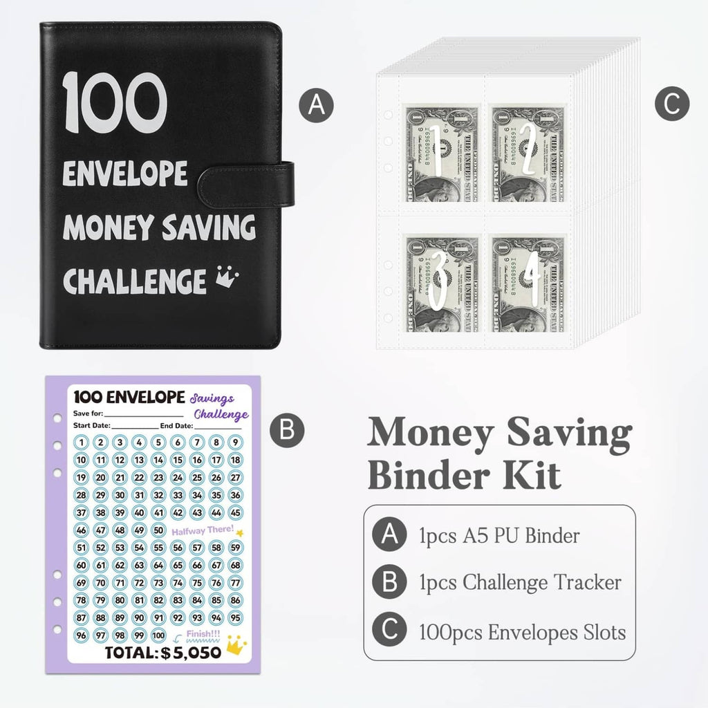 Black A5 money saving challenge binder with 100-slot tracker and cash holders