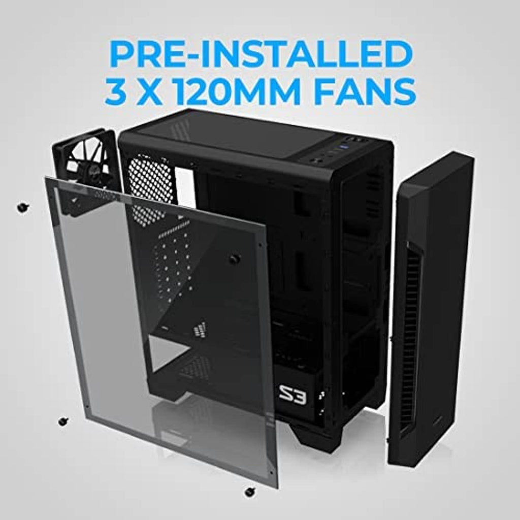Black PC case with three pre-installed 120mm fans and removable side panels