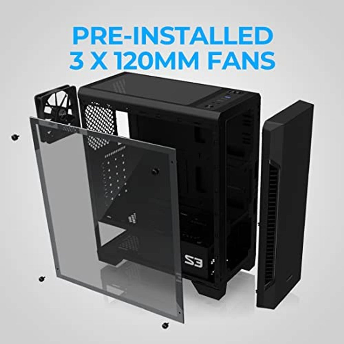 Black PC case with three pre-installed 120mm fans and removable side panels