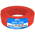 Red coiled air line hose, 50ft roll, 3/8 in DOT PA12 nylon, CheeMuii brand.