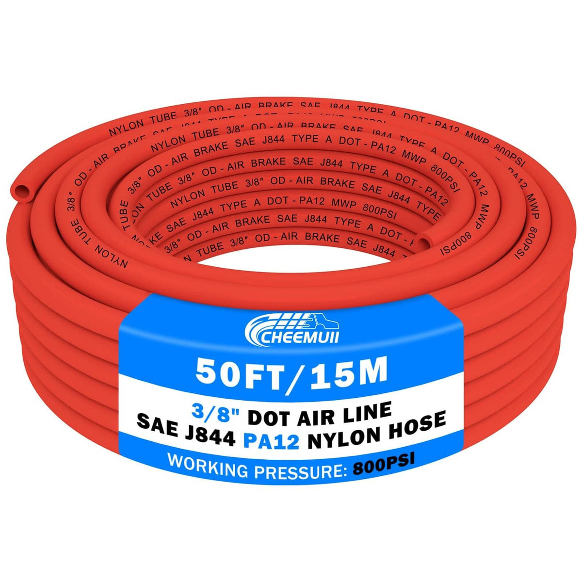 Red coiled air line hose, 50ft roll, 3/8 in DOT PA12 nylon, CheeMuii brand.
