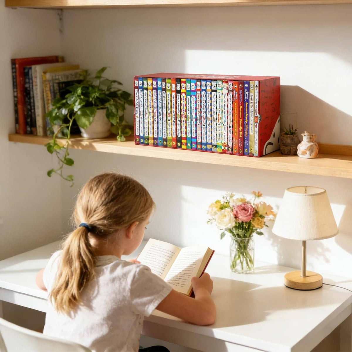 Diary of a Wimpy Kid book box set on shelf above a child reading