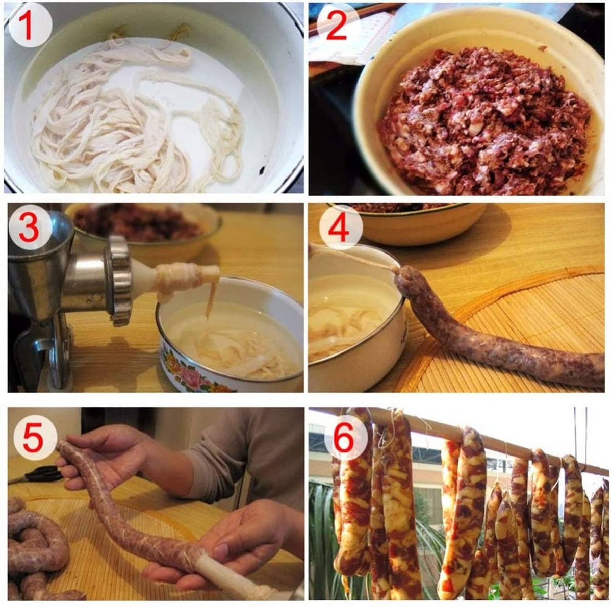 White plastic sausage stuffing tubes used to fill sausage casings, step-by-step set