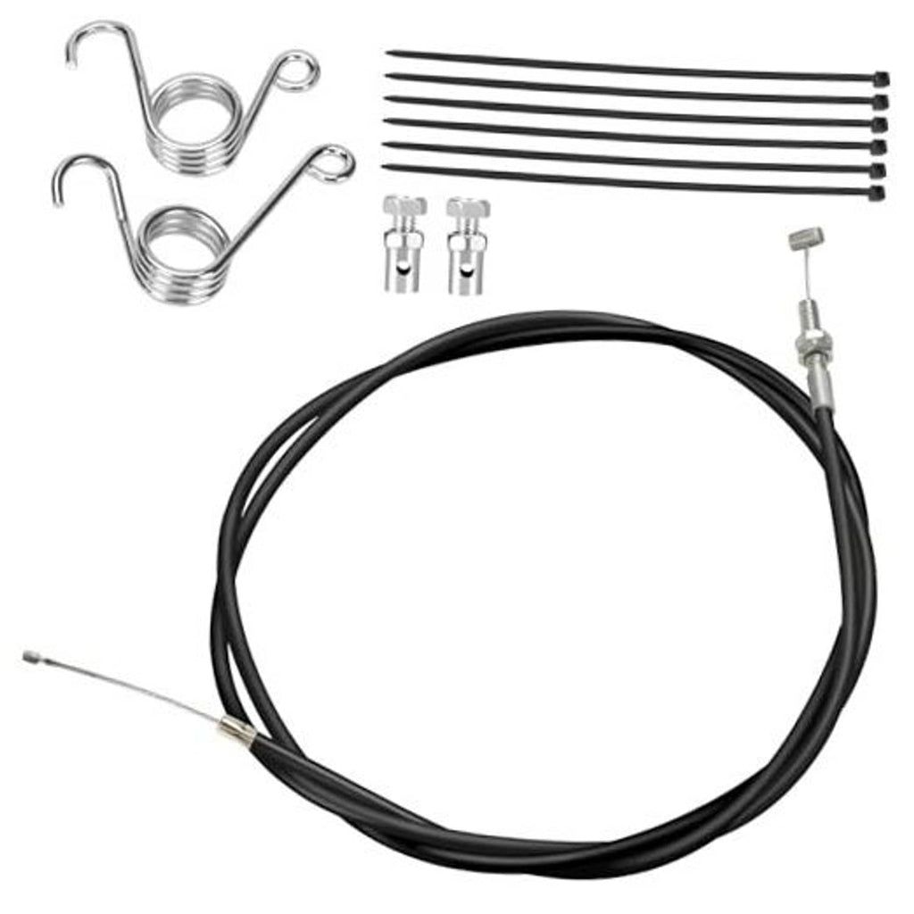Universal throttle cable kit with black cable, silver ends, and mounting springs