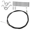Universal throttle cable kit with black cable, silver ends, and mounting springs