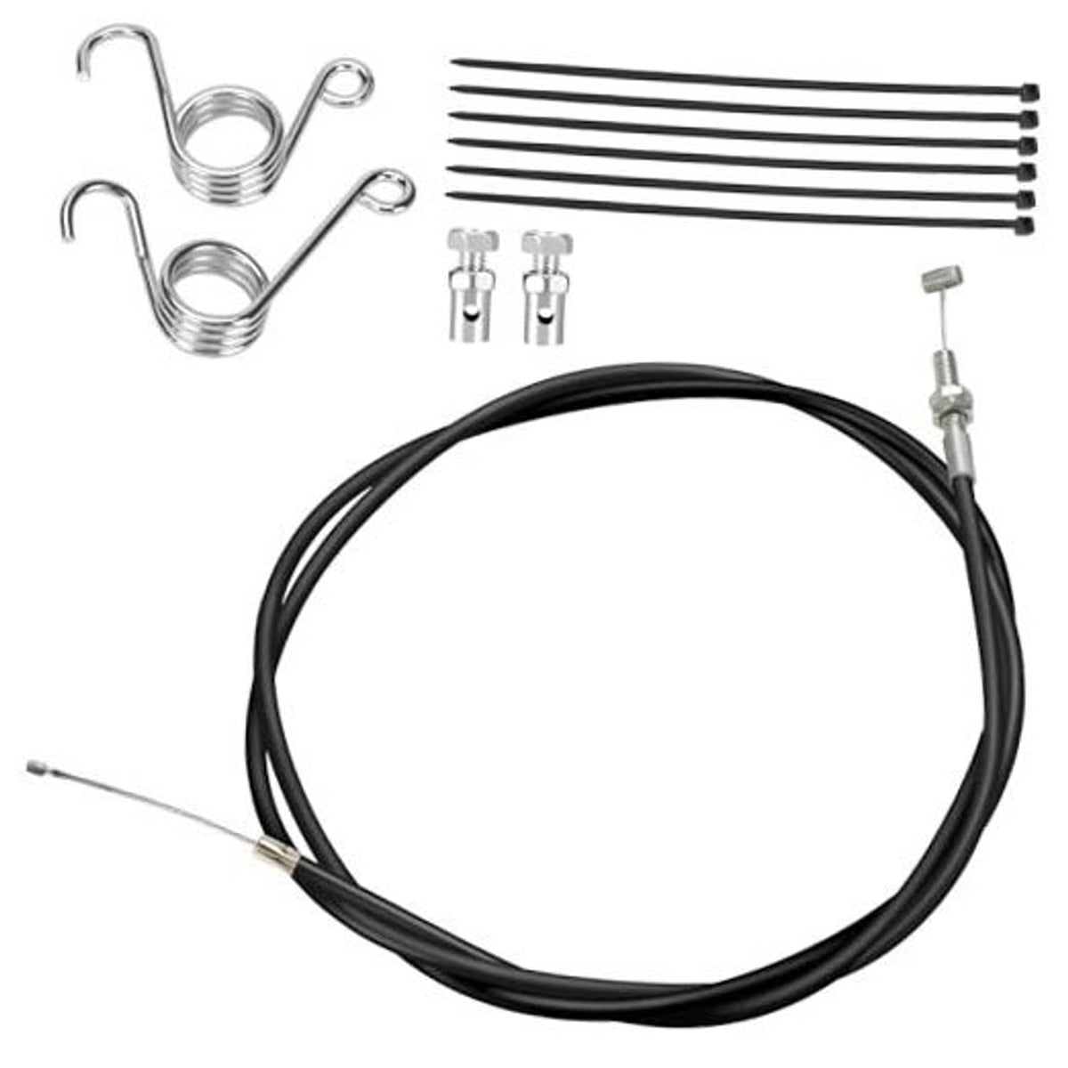 Universal throttle cable kit with black cable, silver ends, and mounting springs