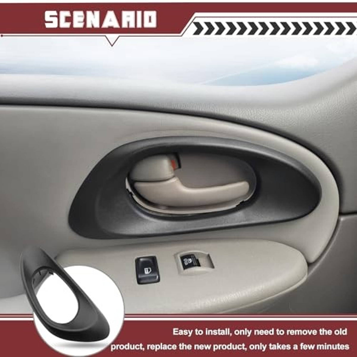 Installed left interior door handle trim bezel cover in dark gray/black around handle