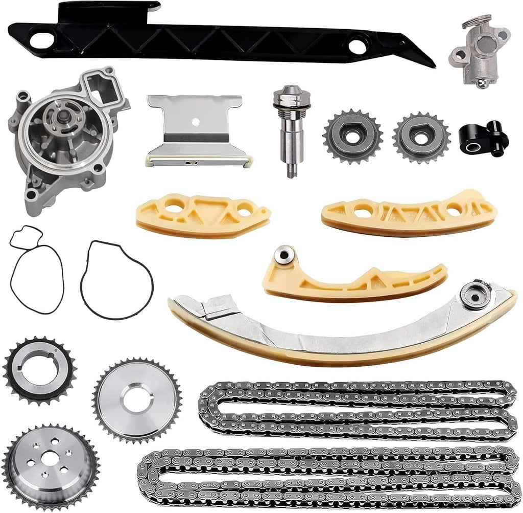 Engine timing chain kit with water pump components, gears, chain guides, seals and pins