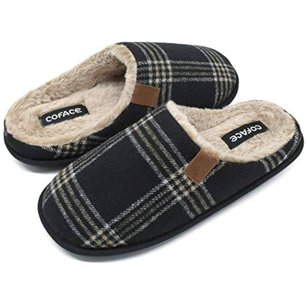Men’s plaid slip-on scuff slippers with tan fleece interior and brown center strap