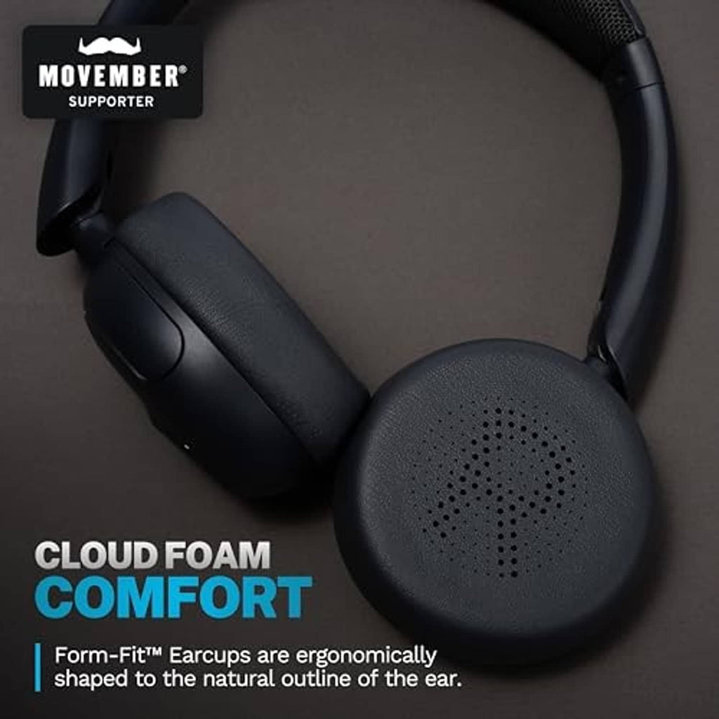 Graphite ear cushion and perforated speaker grille on on-ear ANC headphones, close-up.