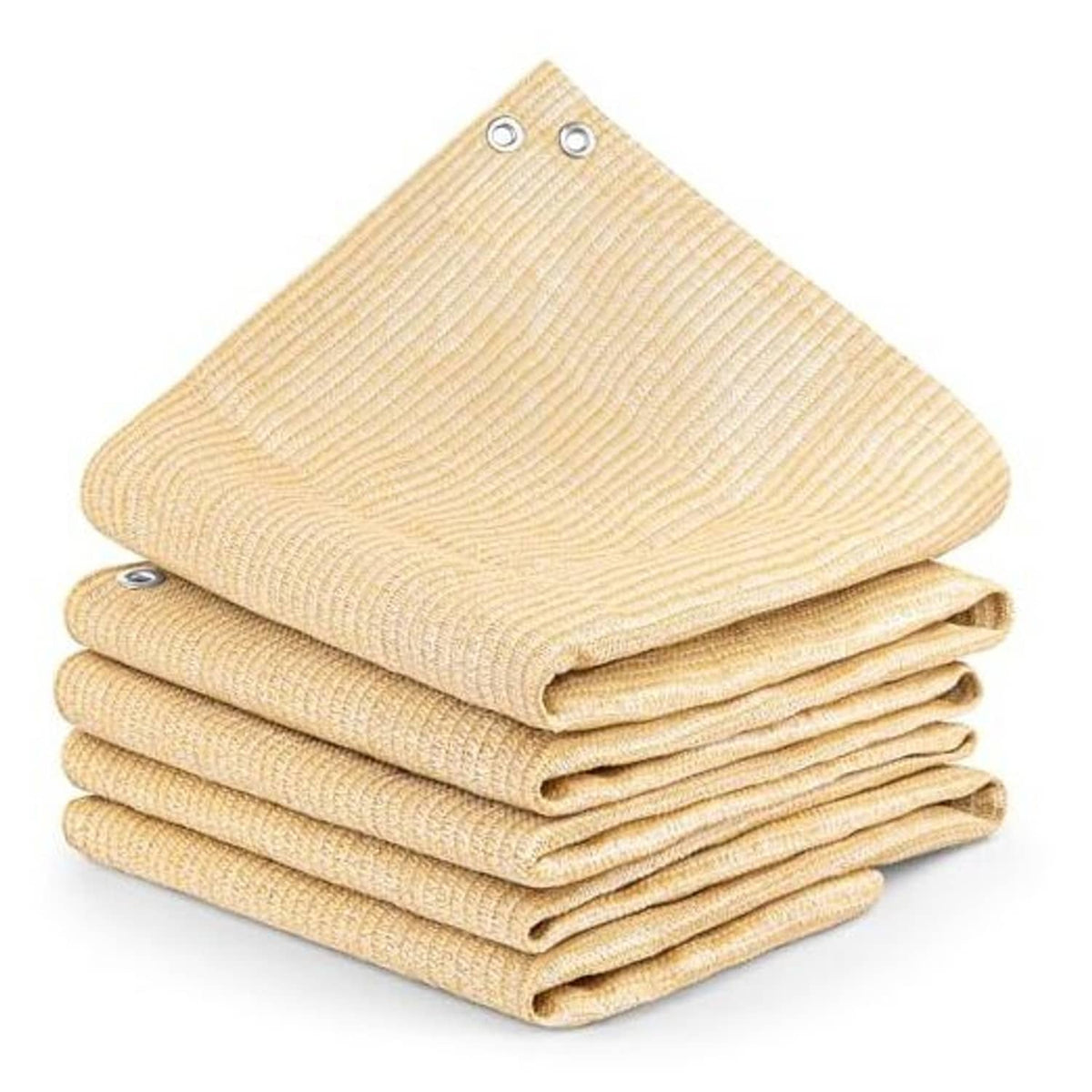 Desert sand shade cloth bundle, neatly folded with metal grommet holes on top edges.