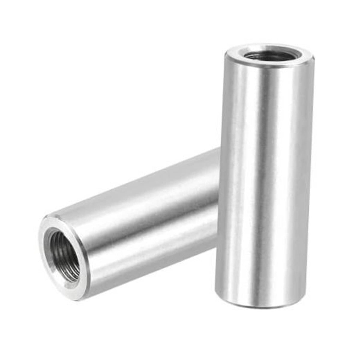Stainless steel coupling nut with cylindrical sleeve and internal thread, paired connector