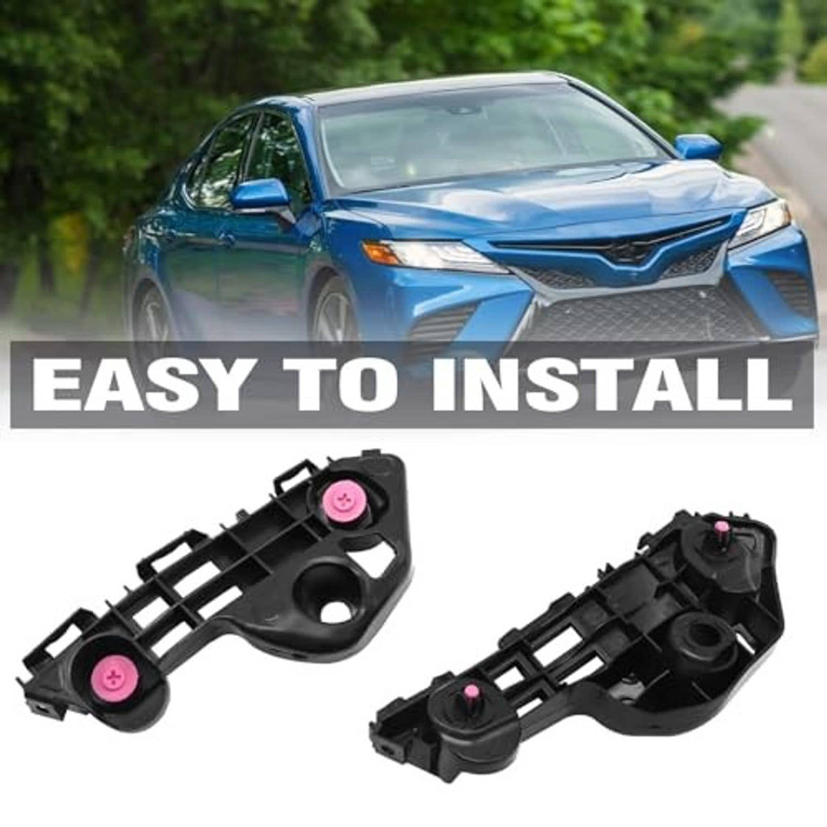 Black bumper bracket retainers set, shown side by side with pink fasteners for mounting