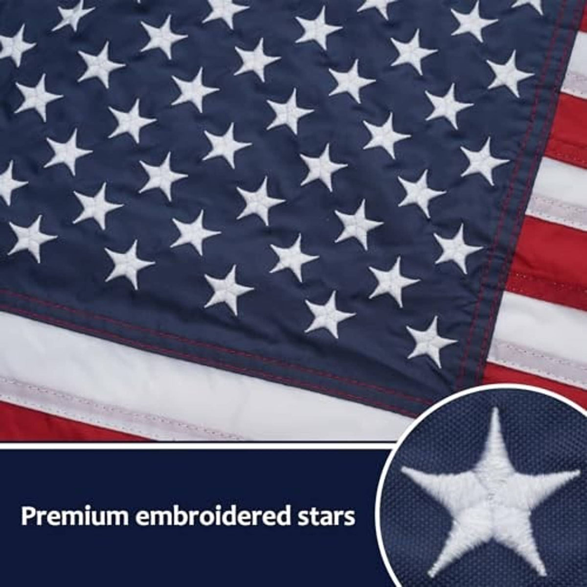 American flag fabric with embroidered white stars on navy blue field