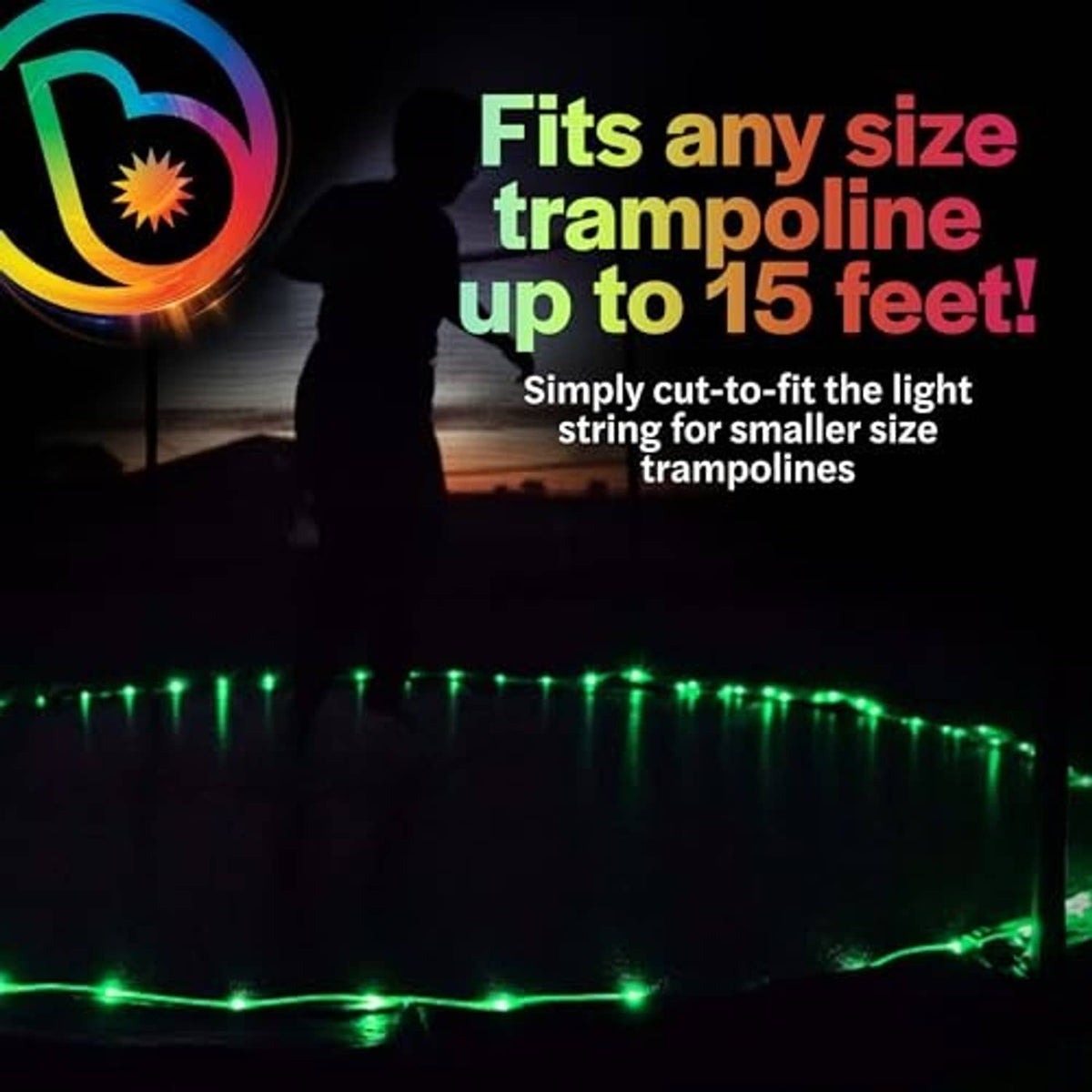 LED light string on trampoline at night, green glow with cut-to-fit guidance
