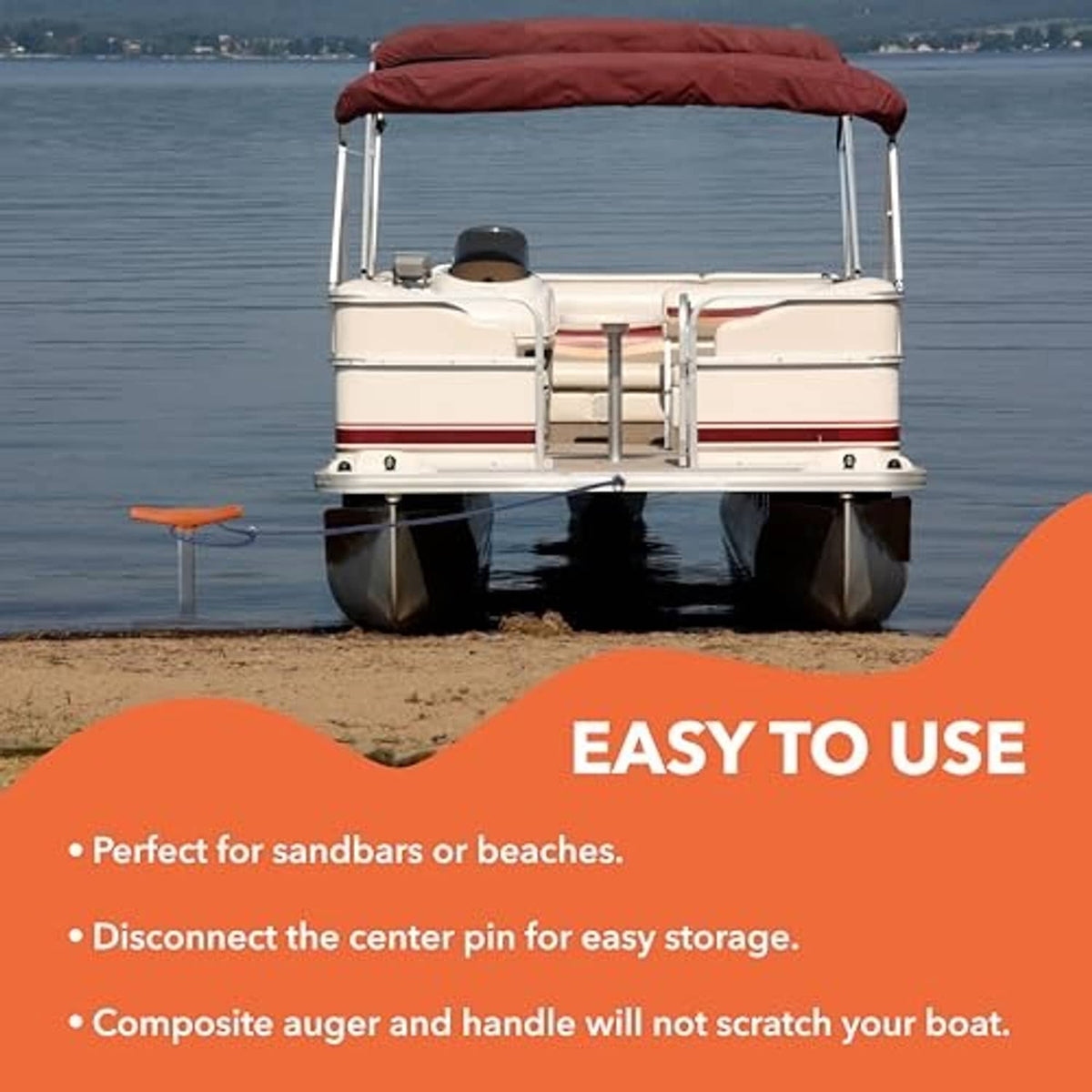 Aluminum sand anchor post with orange crossbar and pointed auger for beach sand