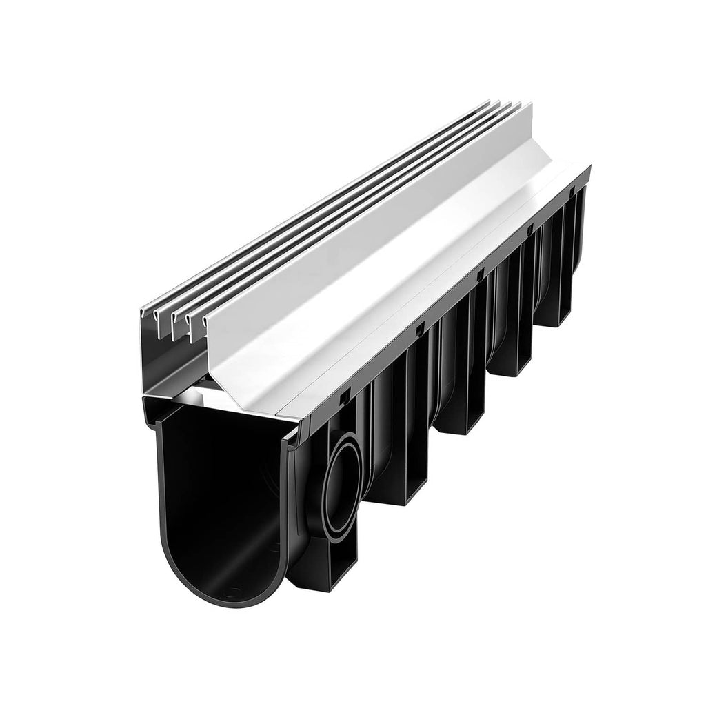 Linear trench drain channel with steel grate, black U-shaped outlet and cover
