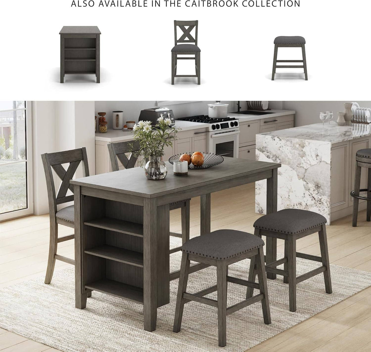 Counter-height upholstered bar stool with X-back and gray padded seat in kitchen setting