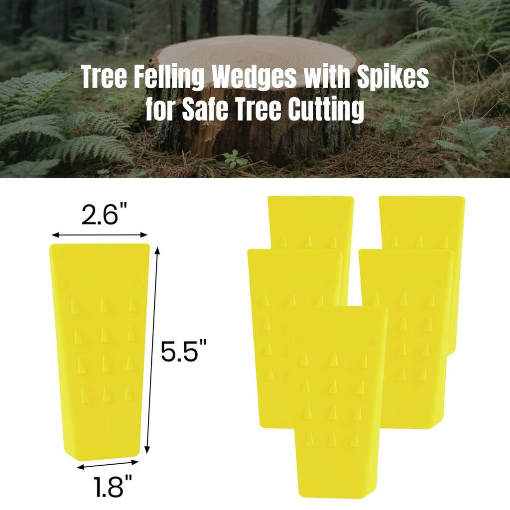 Yellow tree felling wedges with spike teeth, shown with 5.5-inch size