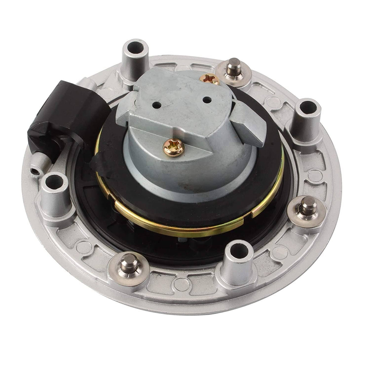 Ignition switch base plate with metal cap, black seal ring, and electrical terminals