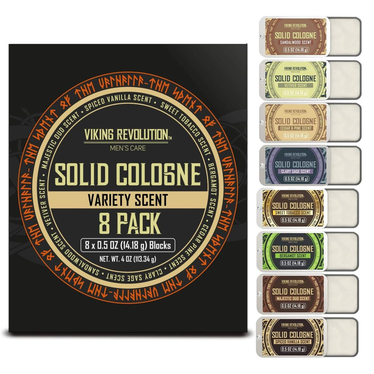 Solid cologne 8-pack variety box with eight small tin blocks