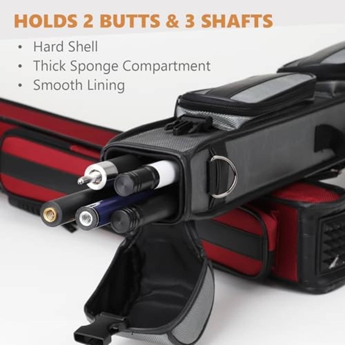 Hard pool cue case showing cue butts and shafts inside with black foam lining