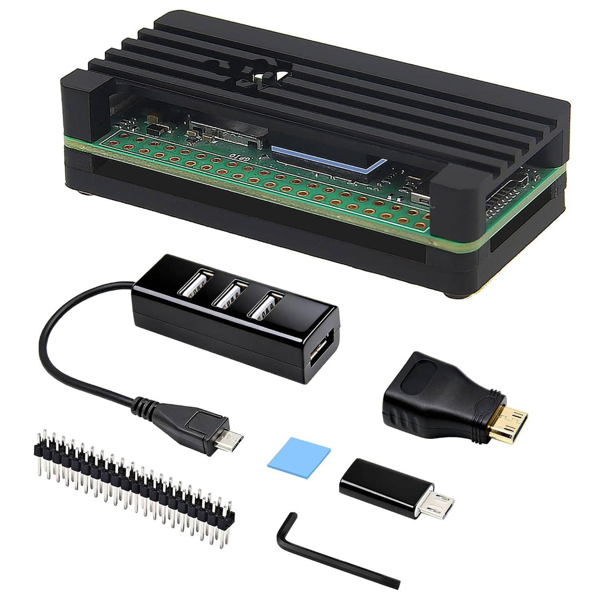 Aluminum heatsink case kit with black fins, OTG hub, and micro HDMI/micro USB adapters