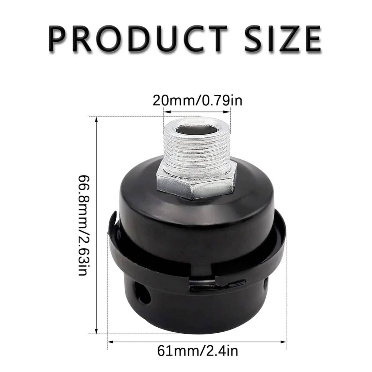 Air compressor silencer filter, black 20mm base with 1/2in thread, single view