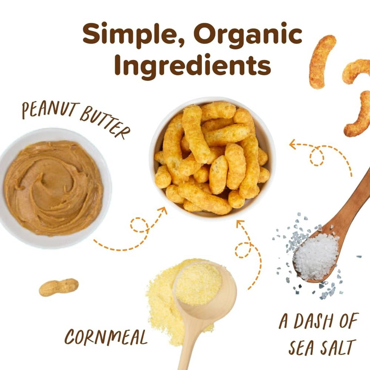 Organic puff snack ingredient bowls: peanut butter, cornmeal, sea salt