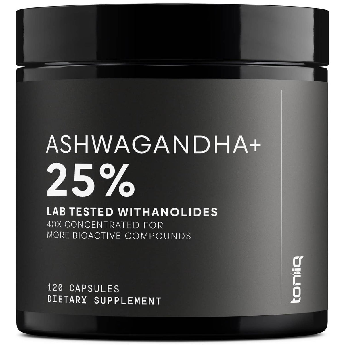 Ashwagandha+ 25% withanolides supplement bottle, 120 capsules