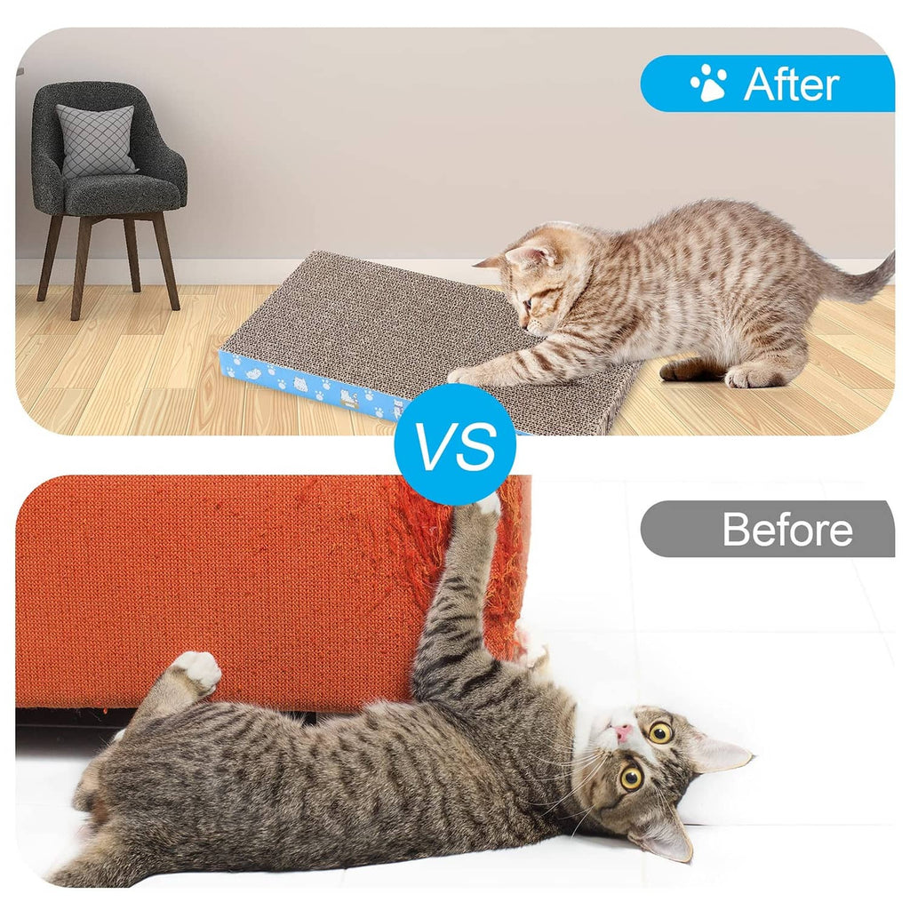 Cardboard cat scratch pad with beige corrugated surface and blue pet-print border