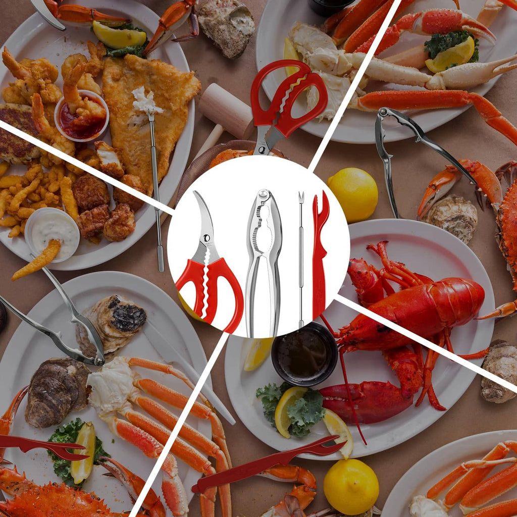 Seafood tool set with crab crackers, lobster shellers, forks, and scissors