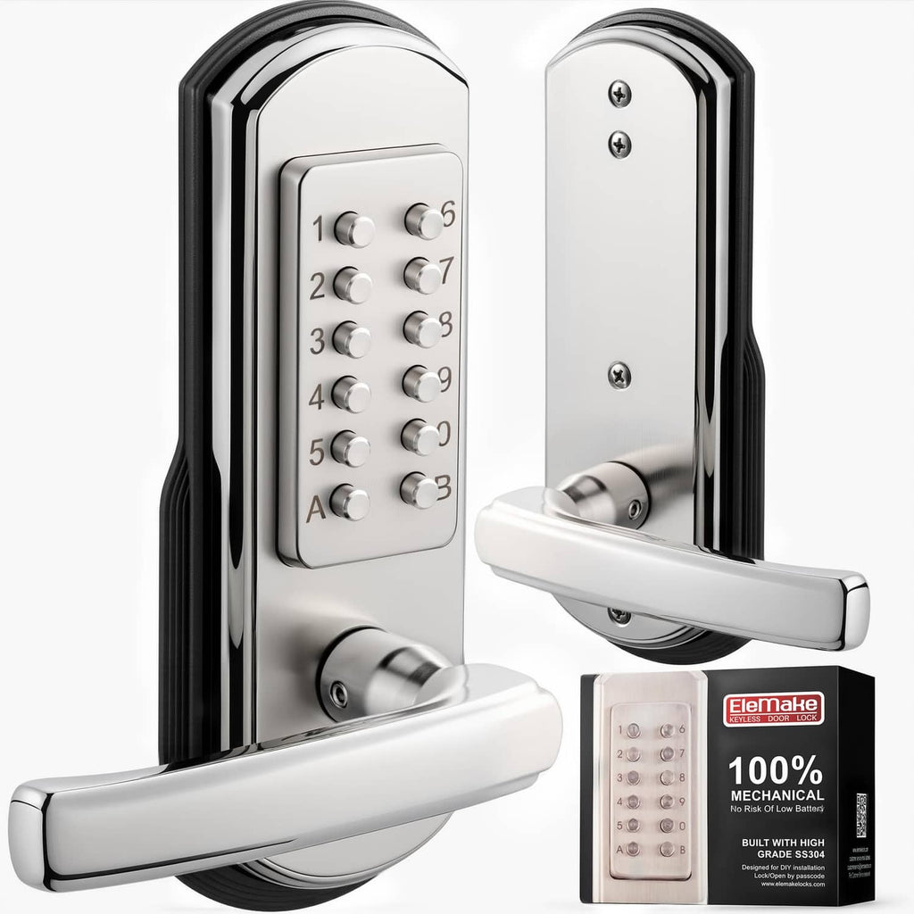 Left-handed keyless door lock with silver keypad, chrome lever handle.