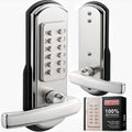 Left-handed keyless door lock with silver keypad, chrome lever handle.