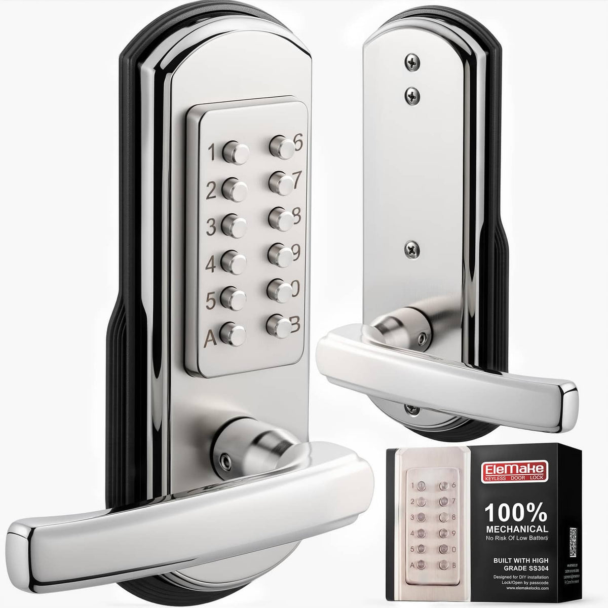 Left-handed keyless door lock with silver keypad, chrome lever handle.