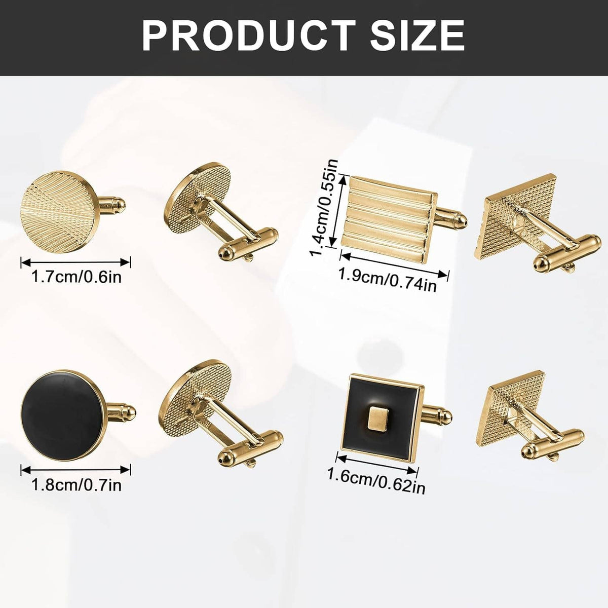 Gold-tone cufflinks assortment with black and textured designs shown in size diagram layout
