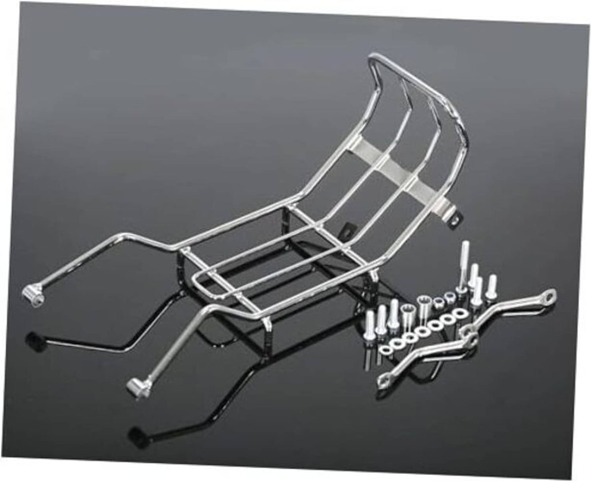 Chrome motorcycle center luggage rack carrier with black base and included hardware kit