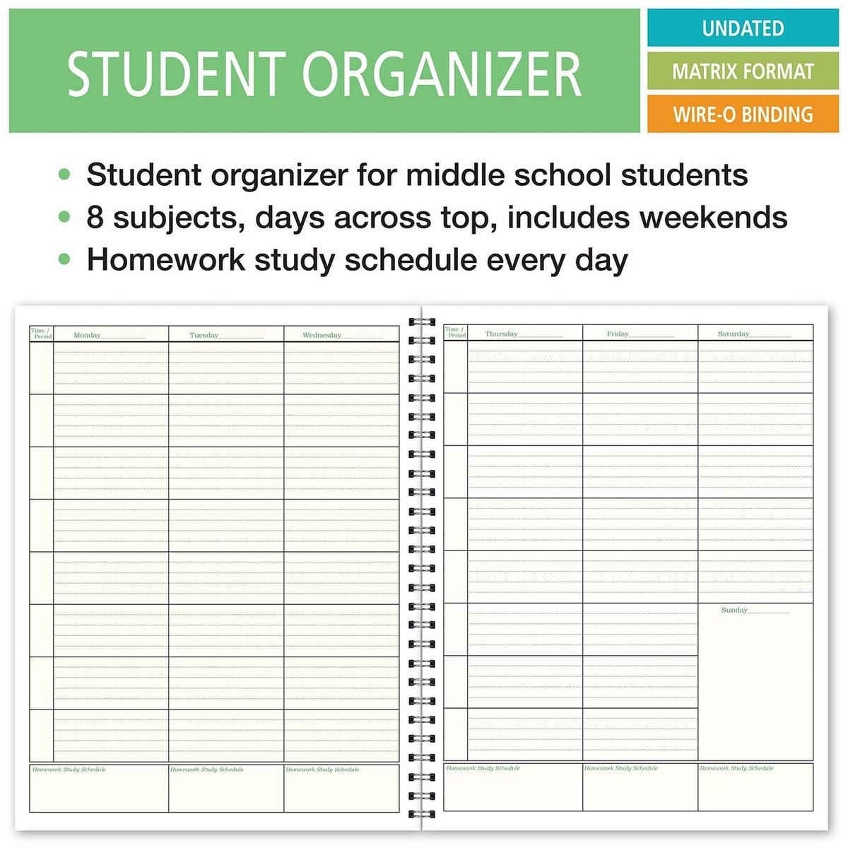 Student organizer planner pages with weekend scheduling grid and wire-o binding