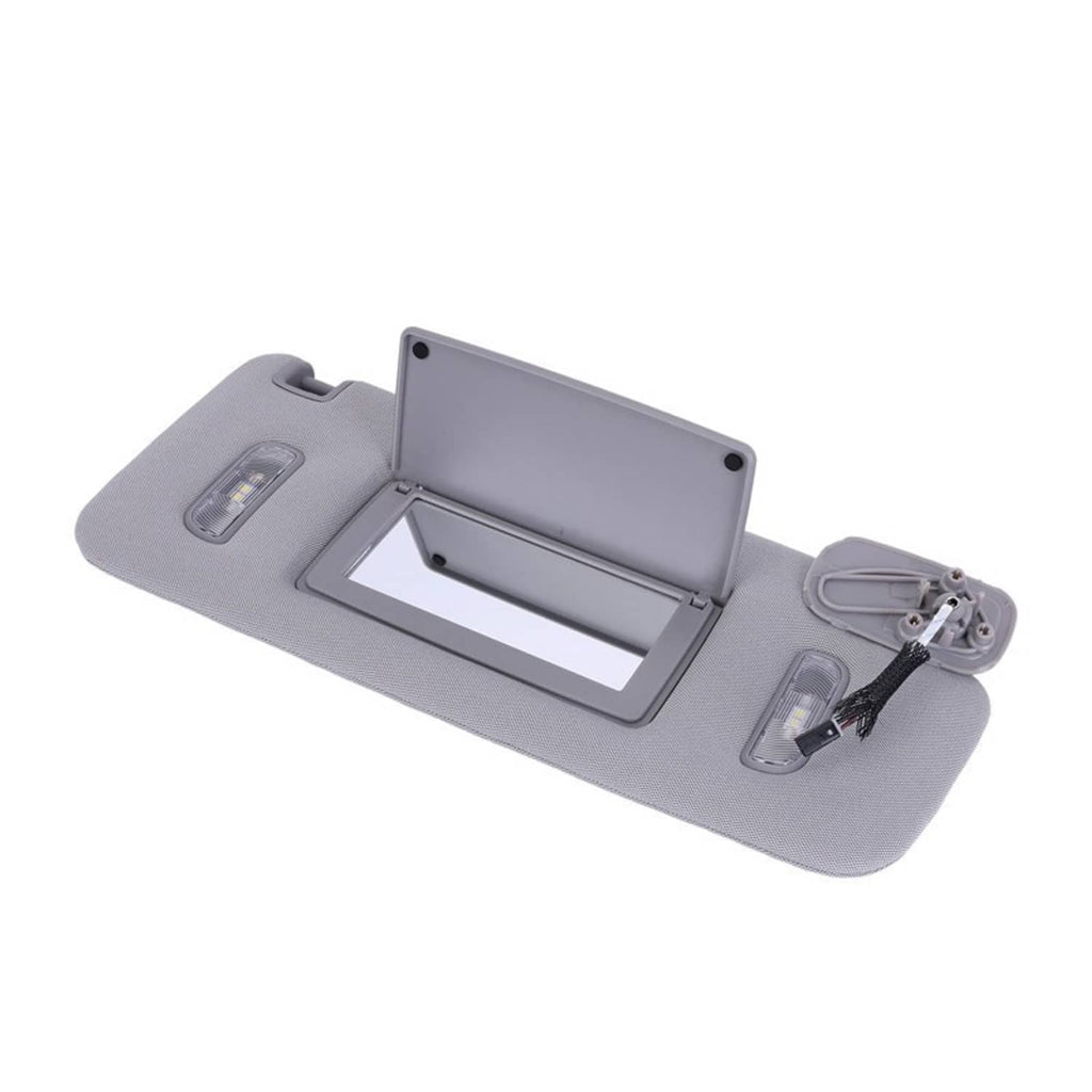 Grey sun visor assembly with flip-down mirror panel, LED light strip, and bracket
