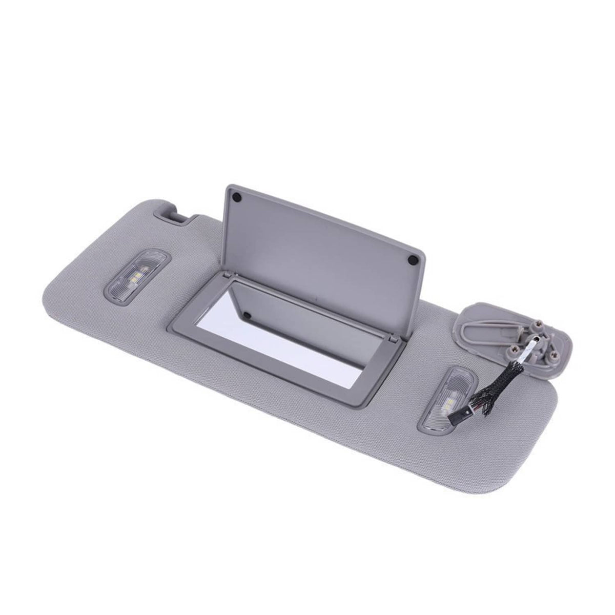 Grey sun visor assembly with flip-down mirror panel, LED light strip, and bracket