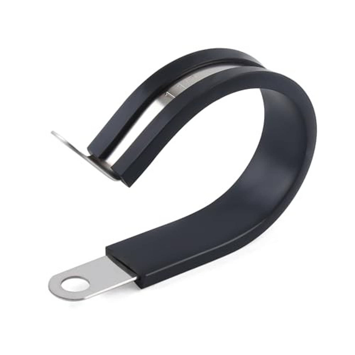 Cable clamp with black rubber lining and stainless steel mounting eye, angled view