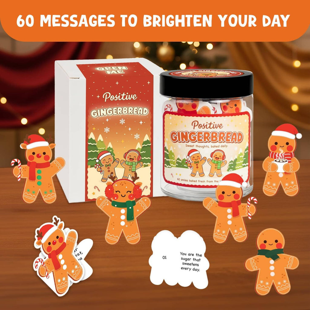 Gingerbread affirmation jar with black lid and gift box, with gingerbread character card stickers