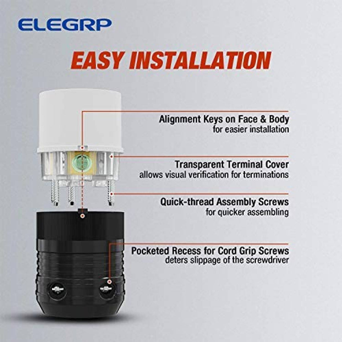 NEMA L6-30 locking plug with terminal cover and assembly screw points, white housing and black grip