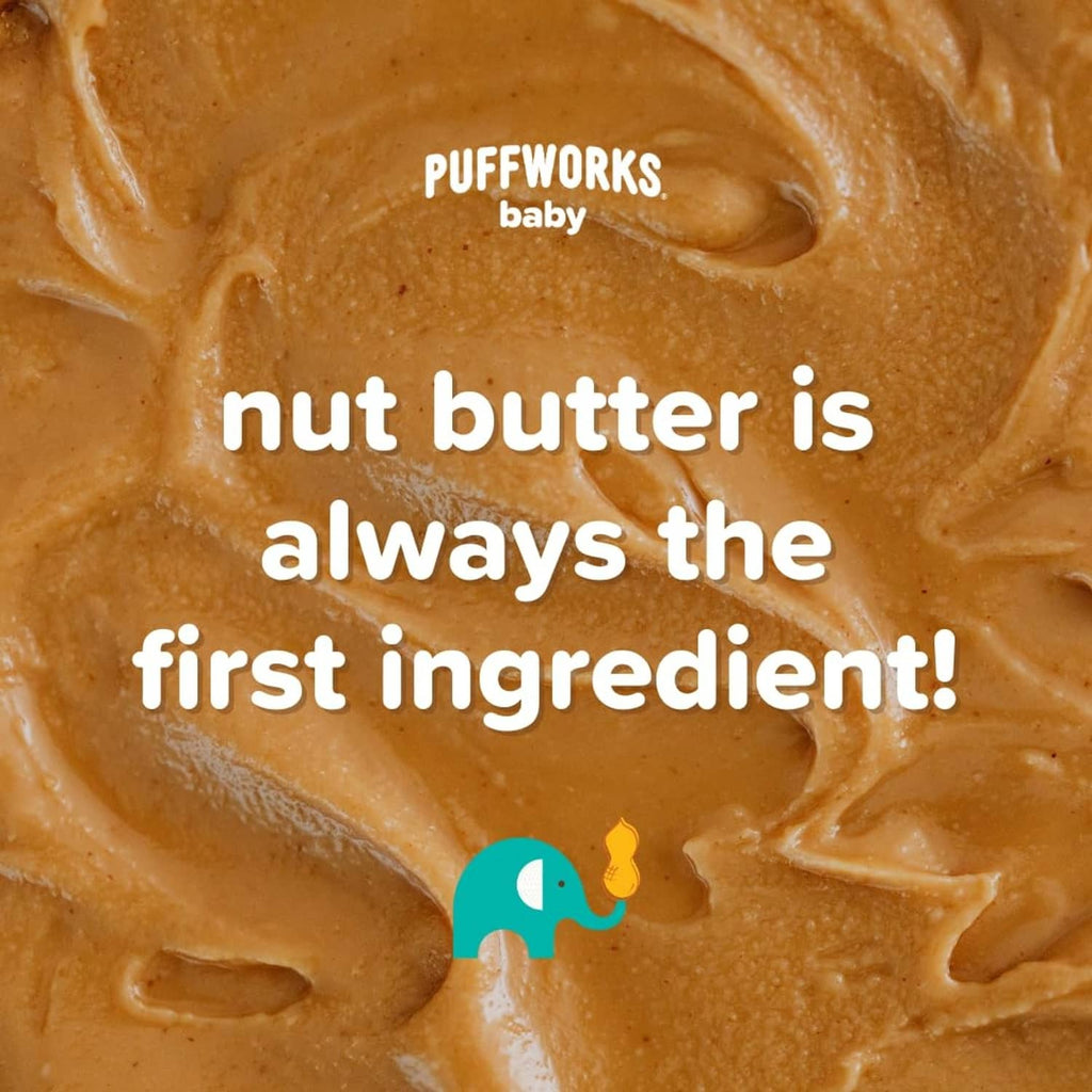 Smooth peanut butter spread with Puffworks baby branding and logo