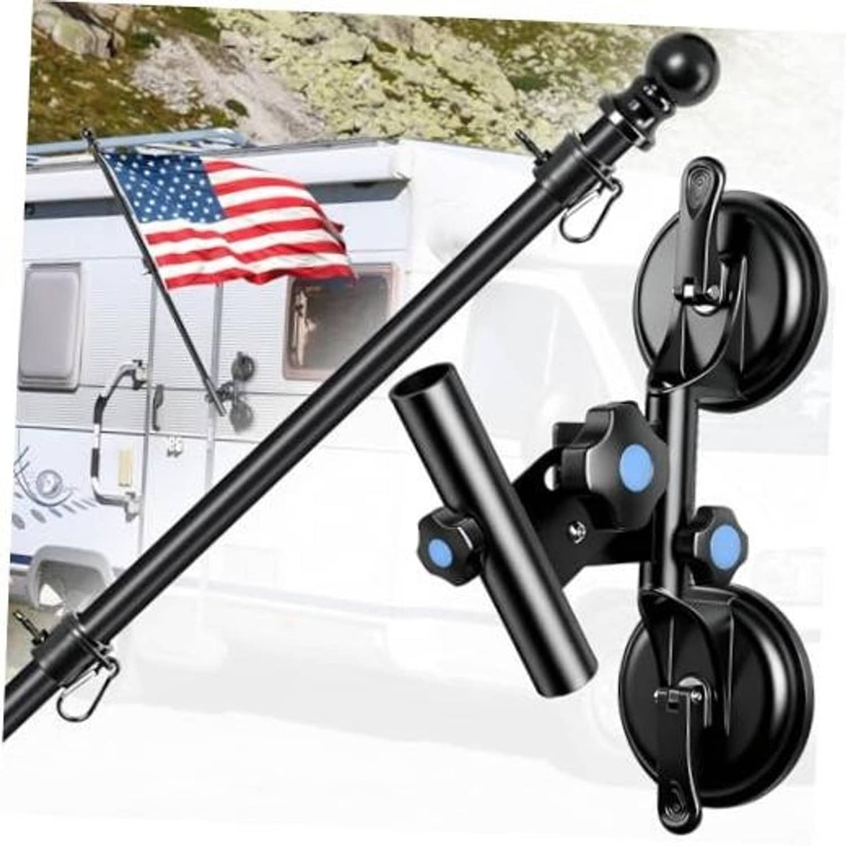 Black RV suction cup flagpole mount kit with adjustable pole and dual suction bases