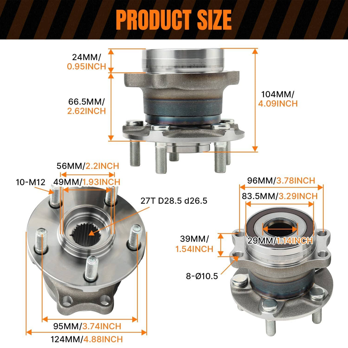 Rear wheel hub bearing pair showing labeled dimensions on metal hub components