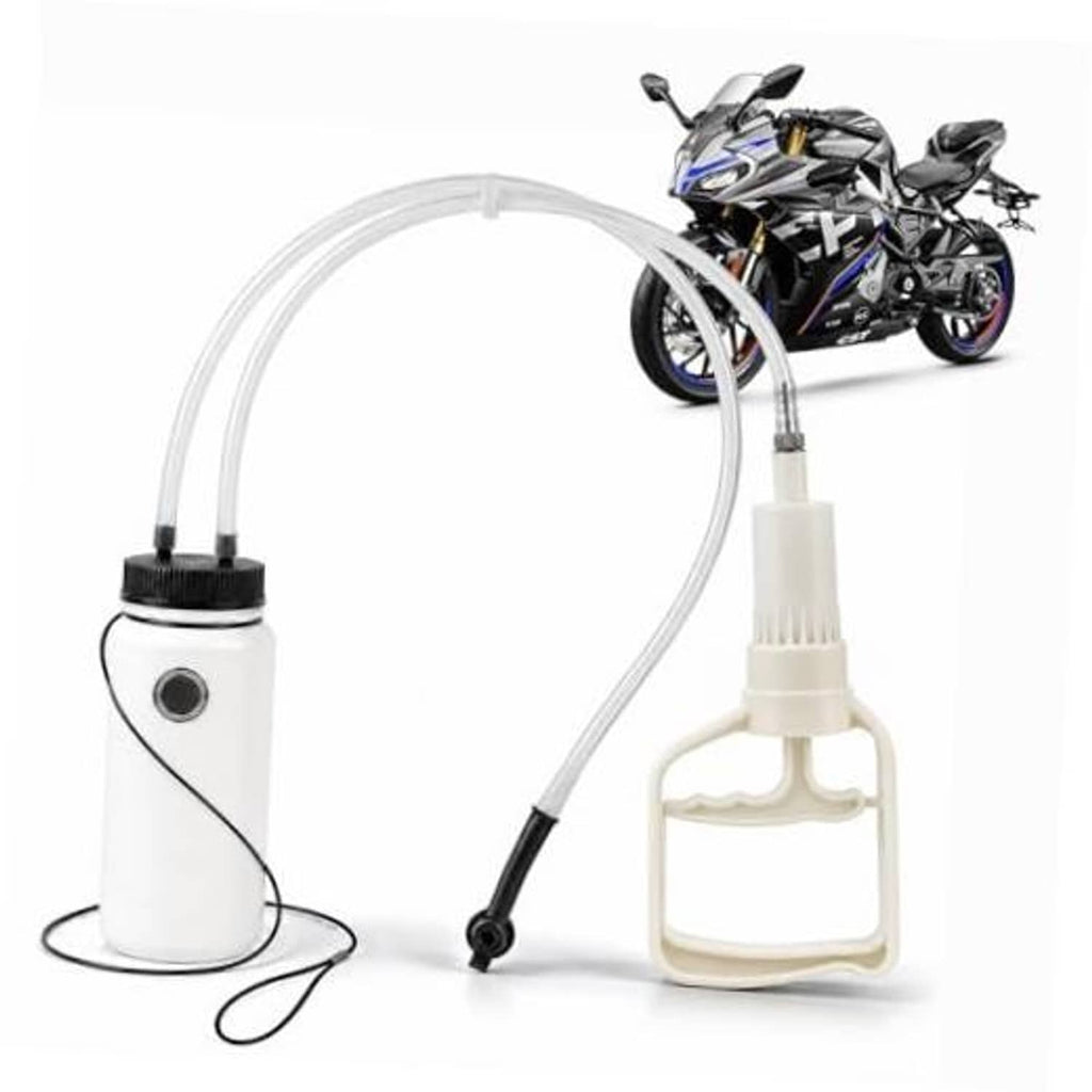 Motorcycle brake bleeder kit with white 400ml bottle, clear hose, manual vacuum pump, and black cap